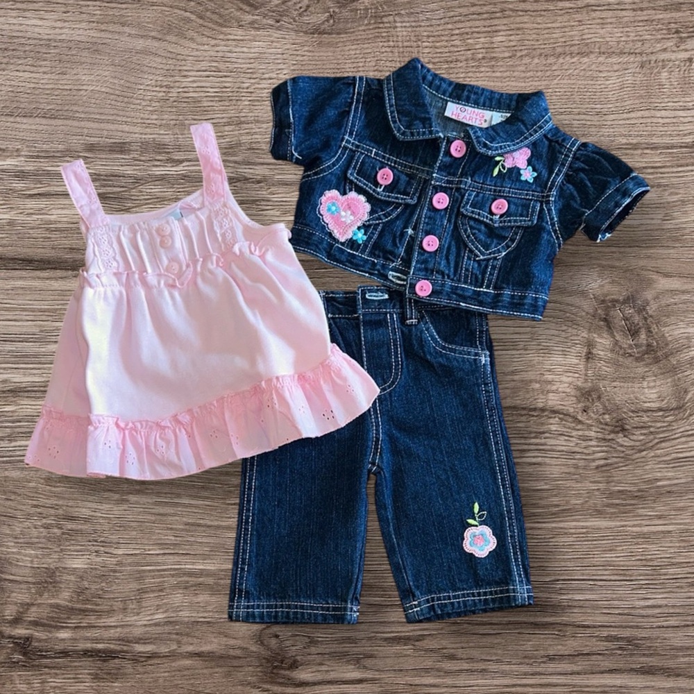 Young Hearts Pink Eyelet and Blue Denim Matching Set with Ruffles, size 12M